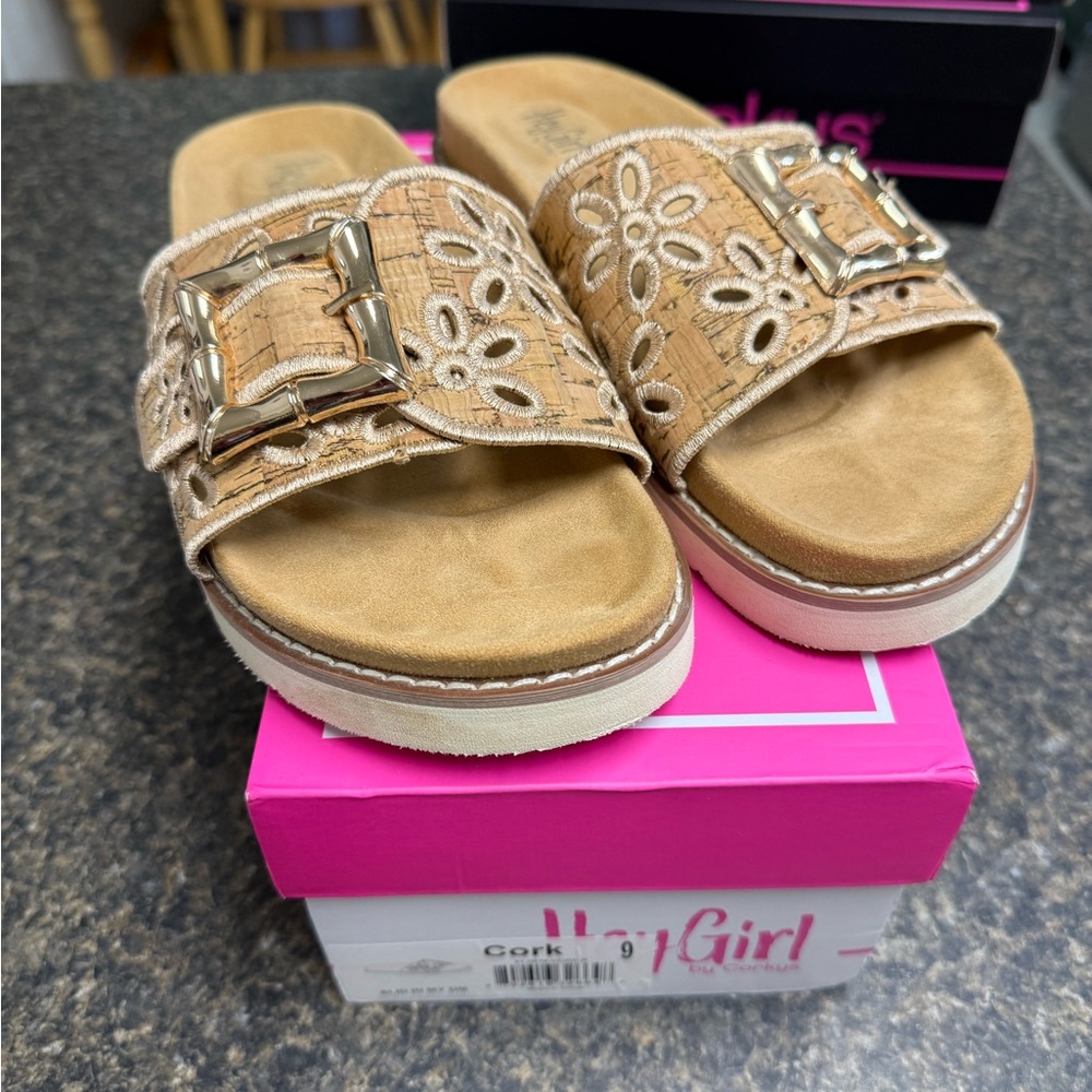 Corkys Floral Cutout Tan Sandals with Gold Accents